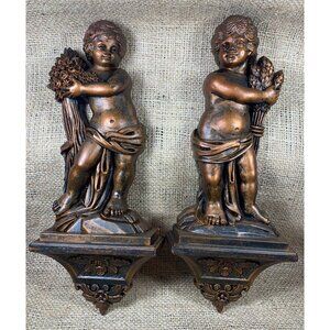 Vintage Pair Cherub Mid Century Wall Decor - 2 Copper Colored Angels 1969